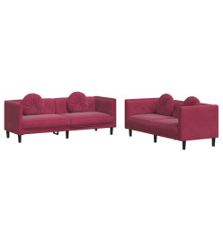 Ensemble de canapés 2 pcs avec coussins rouge bordeaux velours