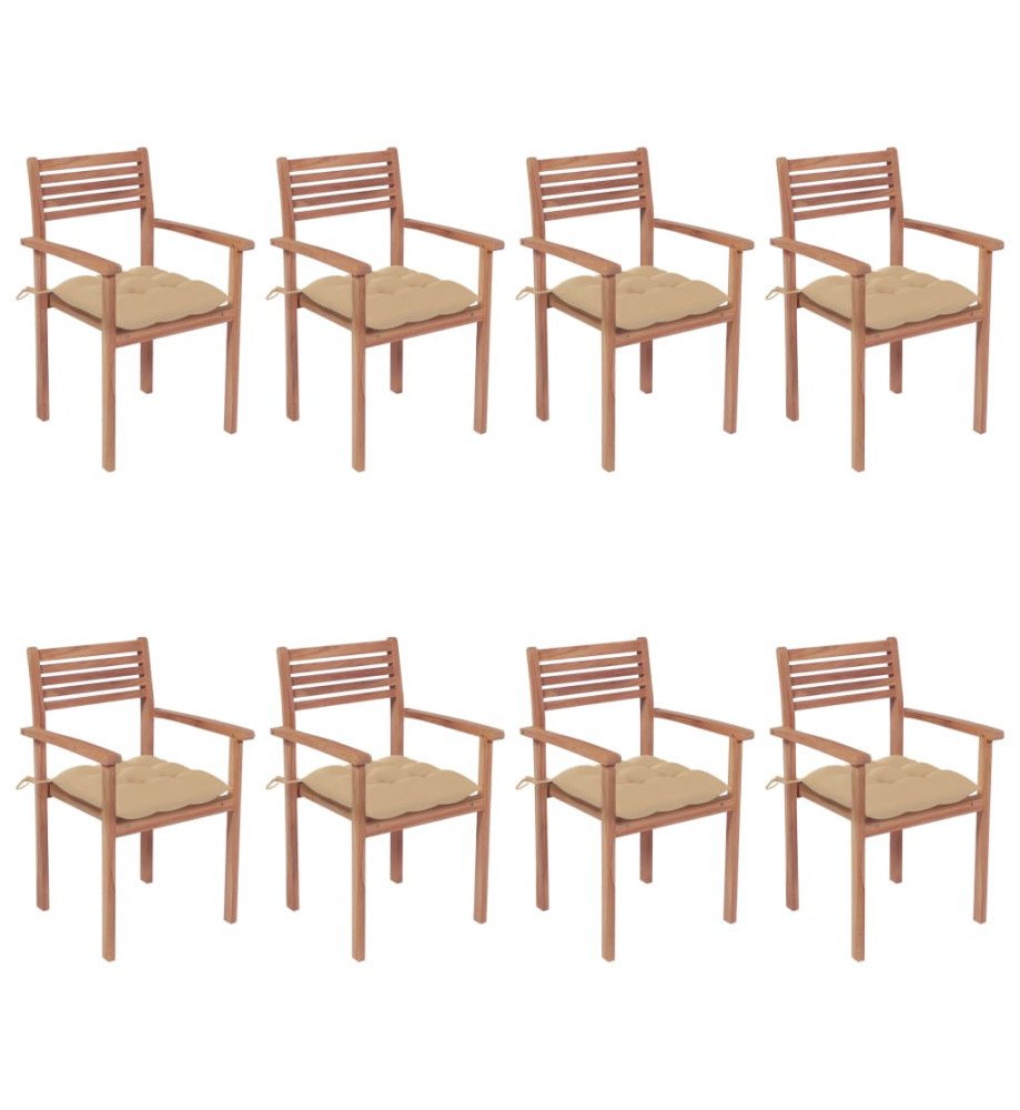 Chaises de jardin empilables avec coussins 8 pcs Teck solide Chaises de jardin empilables avec coussins 8 pcs Teck solide