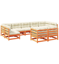 Salon de jardin 9 pcs avec coussins marron cire bois pin massif
