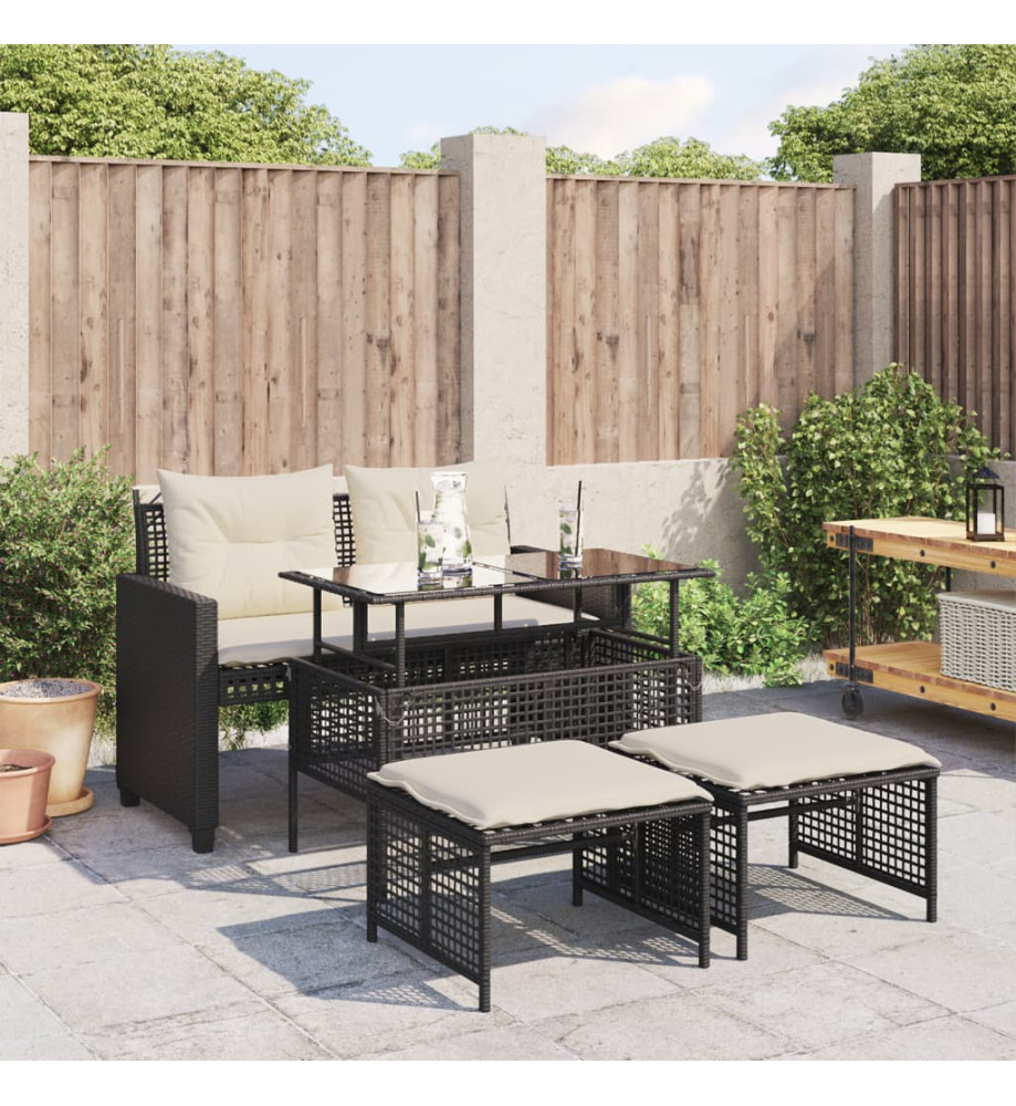Salon de jardin avec coussins 4 pcs noir résine tressée verre Salon de jardin avec coussins 4 pcs noir résine tressée verre