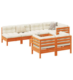 Salon de jardin 8 pcs avec coussins marron cire bois pin massif
