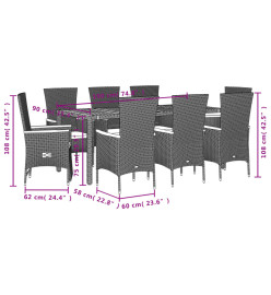 Ensemble à manger de jardin 9pcs coussins noir résine tressée