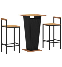 Ensemble de bar jardin 3 pcs noir poly rotin/bois massif acacia