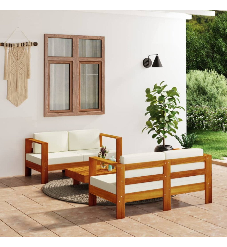 Salon de jardin avec coussins 3 pcs Blanc crème Bois massif Salon de jardin avec coussins 3 pcs Blanc crème Bois massif