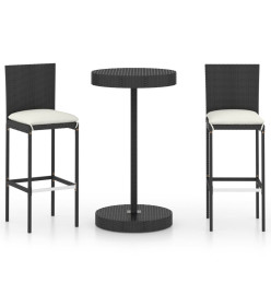 Ensemble de bar de jardin 3 pcs et coussins Résine tressée Noir