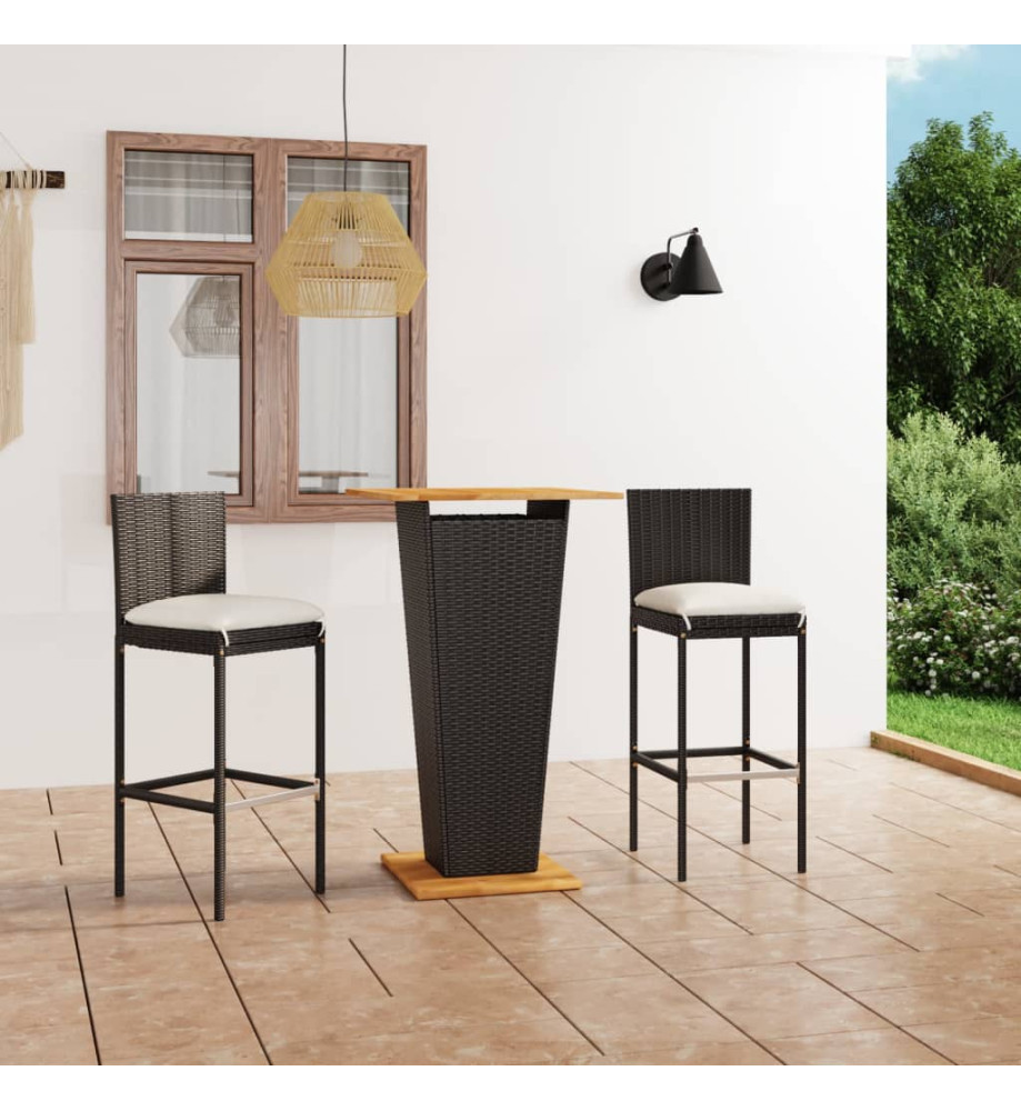 Ensemble de bar de jardin 3 pcs et coussins Résine tressée Noir Ensemble de bar de jardin 3 pcs et coussins Résine tressée Noir