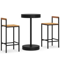 Ensemble de bar jardin 3 pcs noir poly rotin/bois massif acacia