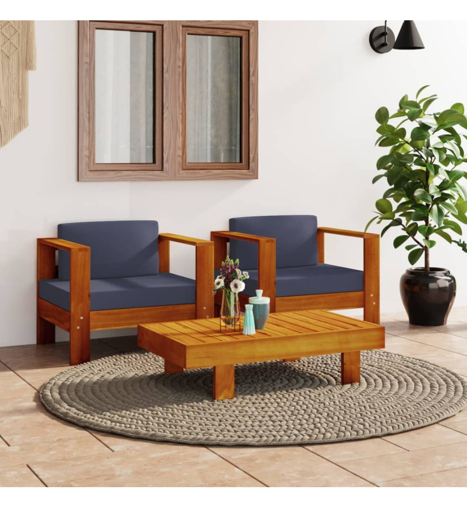 Salon de jardin 3 pcs avec coussins gris foncé Bois massif Salon de jardin 3 pcs avec coussins gris foncé Bois massif