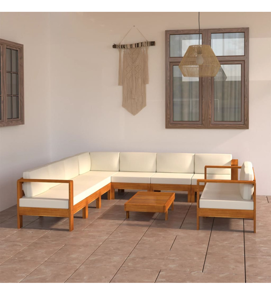 Salon de jardin 9 pcs avec coussins blanc crème bois d'acacia Salon de jardin 9 pcs avec coussins blanc crème bois d'acacia