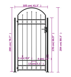 Portail de clôture à dessus arqué et 2 poteaux 105x204 cm Noir