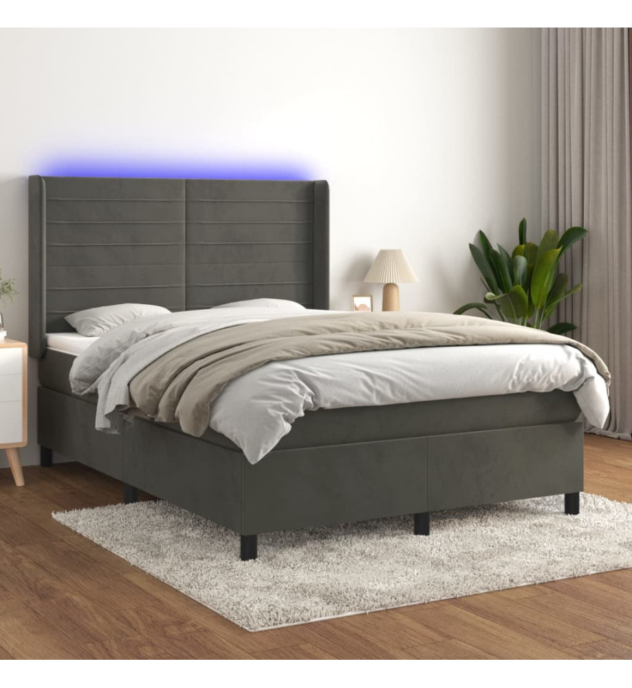 Sommier tapissier matelas et LED Gris foncé 140x190 cm Velours Sommier tapissier matelas et LED Gris foncé 140x190 cm Velours