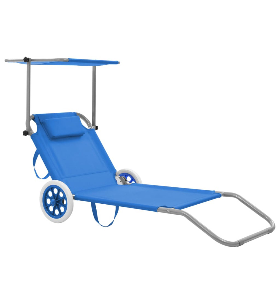 Chaise longue pliable avec auvent et roues Acier Bleu Chaise longue pliable avec auvent et roues Acier Bleu