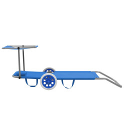 Chaise longue pliable avec auvent et roues Acier Bleu
