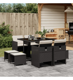 Ensemble à manger jardin 9pcs et coussins noir résine tressée