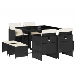 Ensemble à manger jardin 9pcs et coussins noir résine tressée