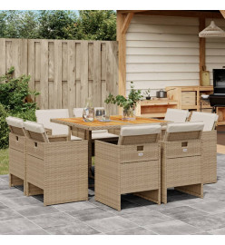 Ensemble à manger de jardin et coussins 9 pcs beige Poly rotin