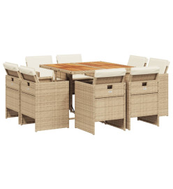 Ensemble à manger de jardin et coussins 9 pcs beige Poly rotin