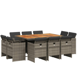 Ensemble à manger de jardin 11pcs avec coussins gris poly rotin