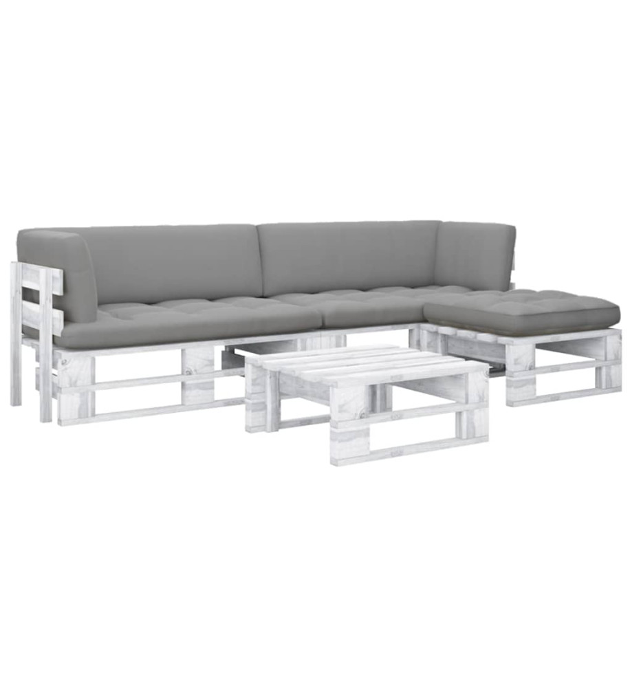 Salon de jardin palette 4 pcs et coussins pin imprégné de blanc Salon de jardin palette 4 pcs et coussins pin imprégné de blanc