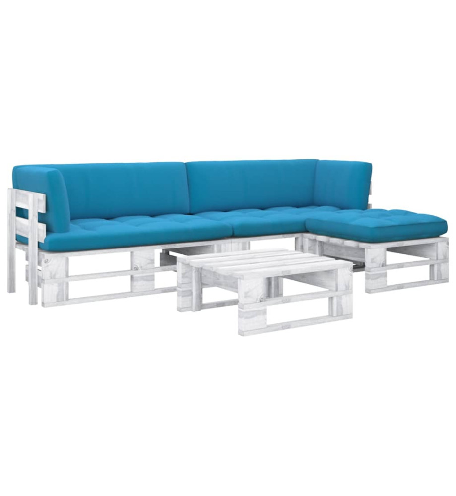 Salon de jardin palette 4 pcs et coussins pin imprégné de blanc Salon de jardin palette 4 pcs et coussins pin imprégné de blanc