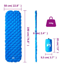 Matelas de camping gonflable bleu 190x58x6 cm