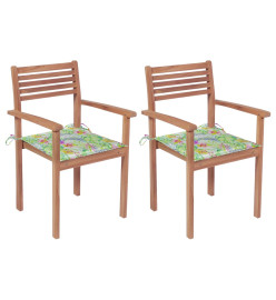 Chaises de jardin 2 pcs avec coussins à motif de feuilles Teck