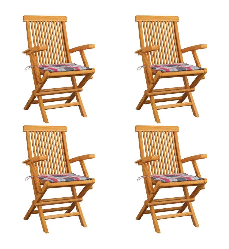 Chaises de jardin et coussins à carreaux rouge 4pcs Teck massif