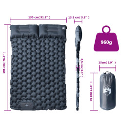 Matelas de camping autogonflant avec oreillers 2 personnes gris