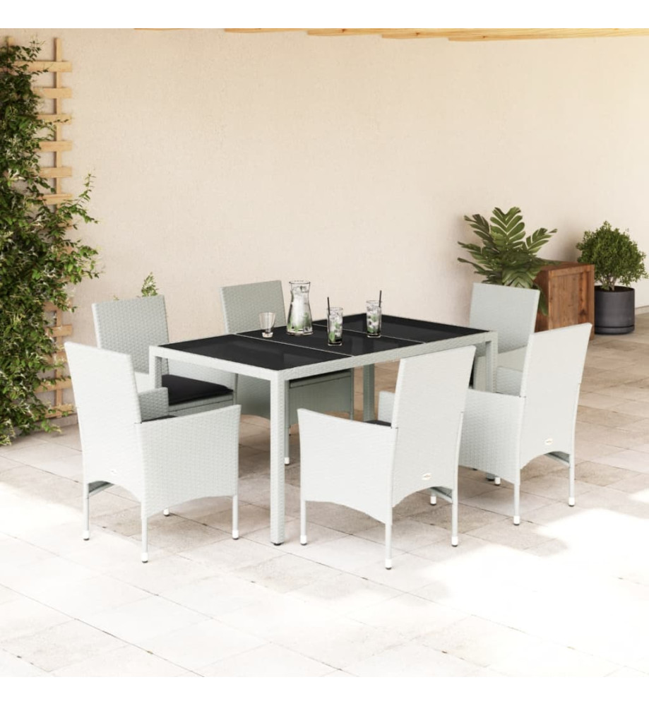 Ensemble à manger de jardin et coussins 7 pcs blanc rotin verre Ensemble à manger de jardin et coussins 7 pcs blanc rotin verre
