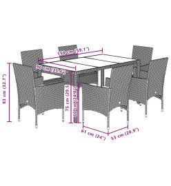 Ensemble à manger de jardin et coussins 7 pcs blanc rotin verre