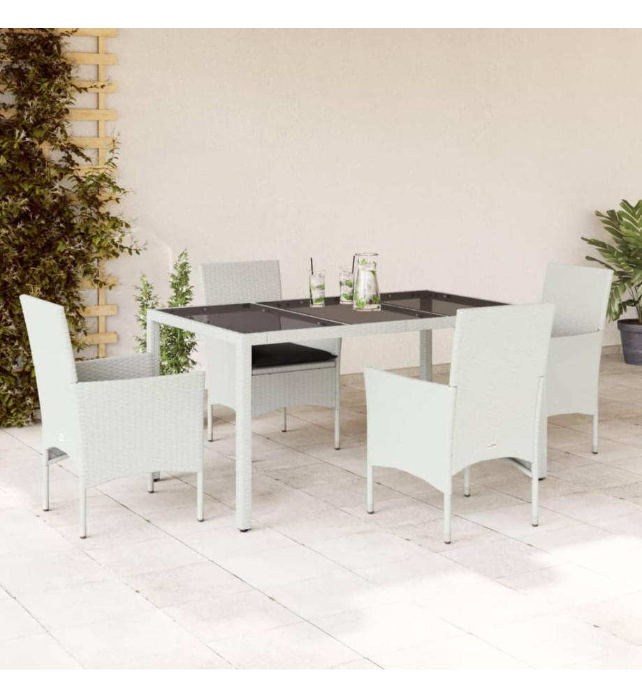 Ensemble à manger de jardin et coussins 5 pcs blanc rotin verre Ensemble à manger de jardin et coussins 5 pcs blanc rotin verre