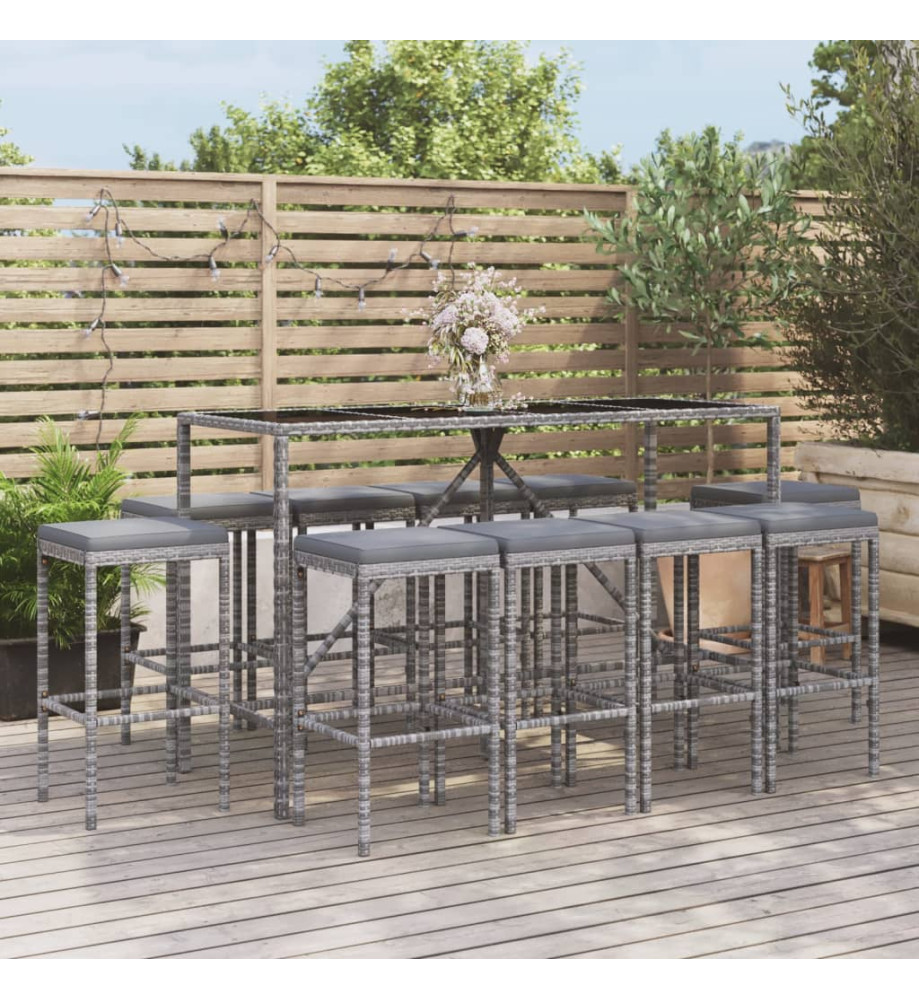 Ensemble de bar de jardin 11 pcs avec coussins gris poly rotin