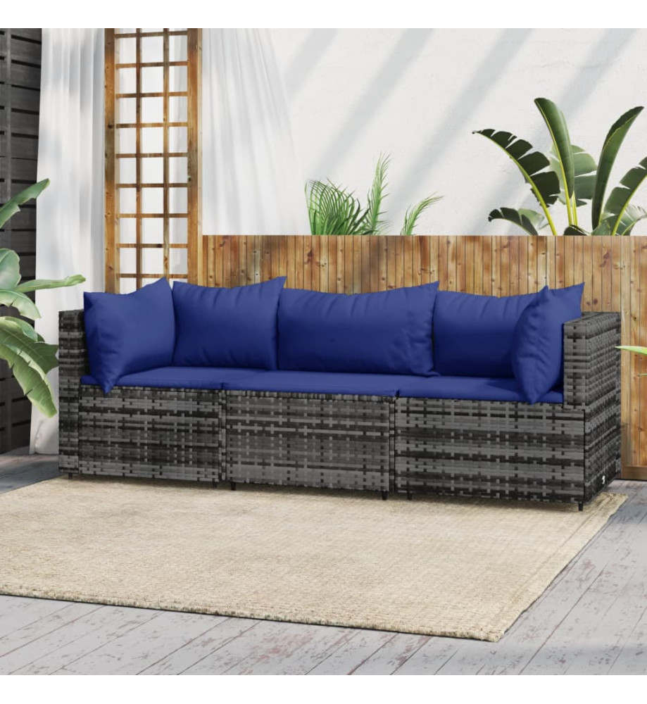 Salon de jardin 3 pcs avec coussins Gris Résine tressée