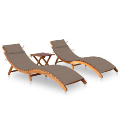 Chaises longues 2 pcs avec table et coussins Acacia solide