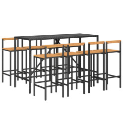 Ensemble de bar jardin 9 pcs noir poly rotin/bois massif acacia