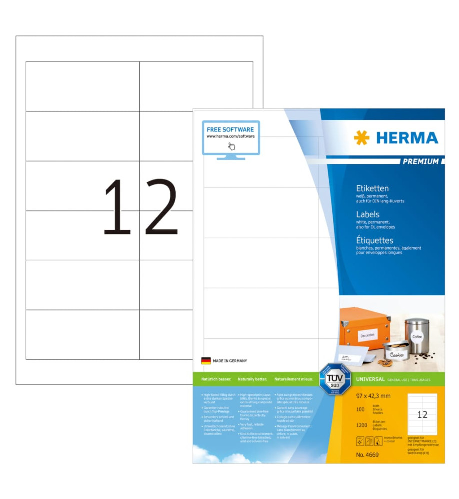 HERMA Étiquettes permanentes PREMIUM A4 97x42,3 mm 100 Feuilles