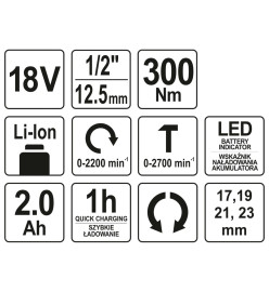 YATO Clé à chocs avec batterie Li-ion 2,0Ah 1/2" 18V 300Nm