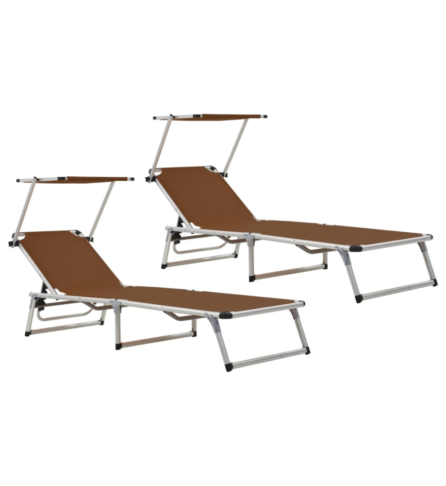 Chaises longues pliables toit 2 pcs Aluminium textilène Marron