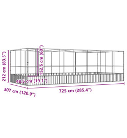 Volière avec extension argenté 725x307x212 cm acier
