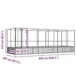Volière avec extension argenté 625x207x212 cm acier