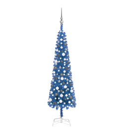 Arbre de Noël mince avec LED et boules Bleu 180 cm