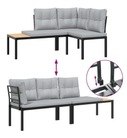 Salon de jardin avec coussins 7 pcs noir acier enduit de poudre