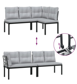 Salon de jardin avec coussins 6 pcs noir acier enduit de poudre
