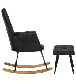 Chaise à bascule avec repose-pied Noir Cuir véritable