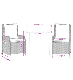 Ensemble à manger de jardin 3 pcs et coussins marron poly rotin