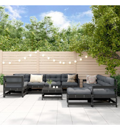 Salon de jardin 10 pcs avec coussins noir bois massif