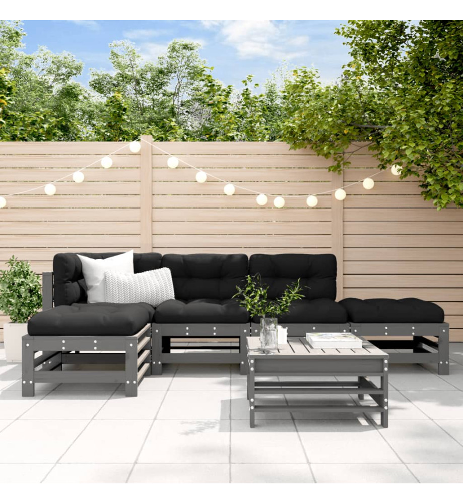 Salon de jardin 6 pcs avec coussins gris bois massif