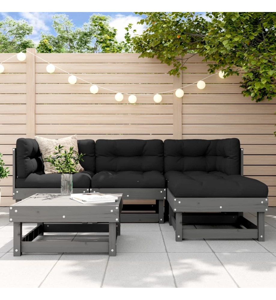 Salon de jardin 5 pcs avec coussins gris bois massif