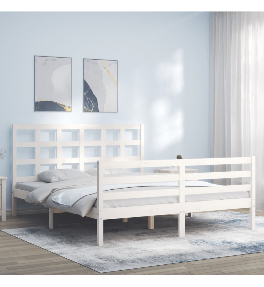 Cadre de lit avec tête de lit blanc 160x200 cm bois massif Cadre de lit avec tête de lit blanc 160x200 cm bois massif