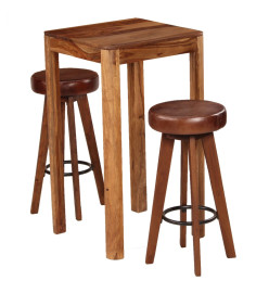 Ensemble de bar 3 pcs Bois de Sesham massif et cuir véritable